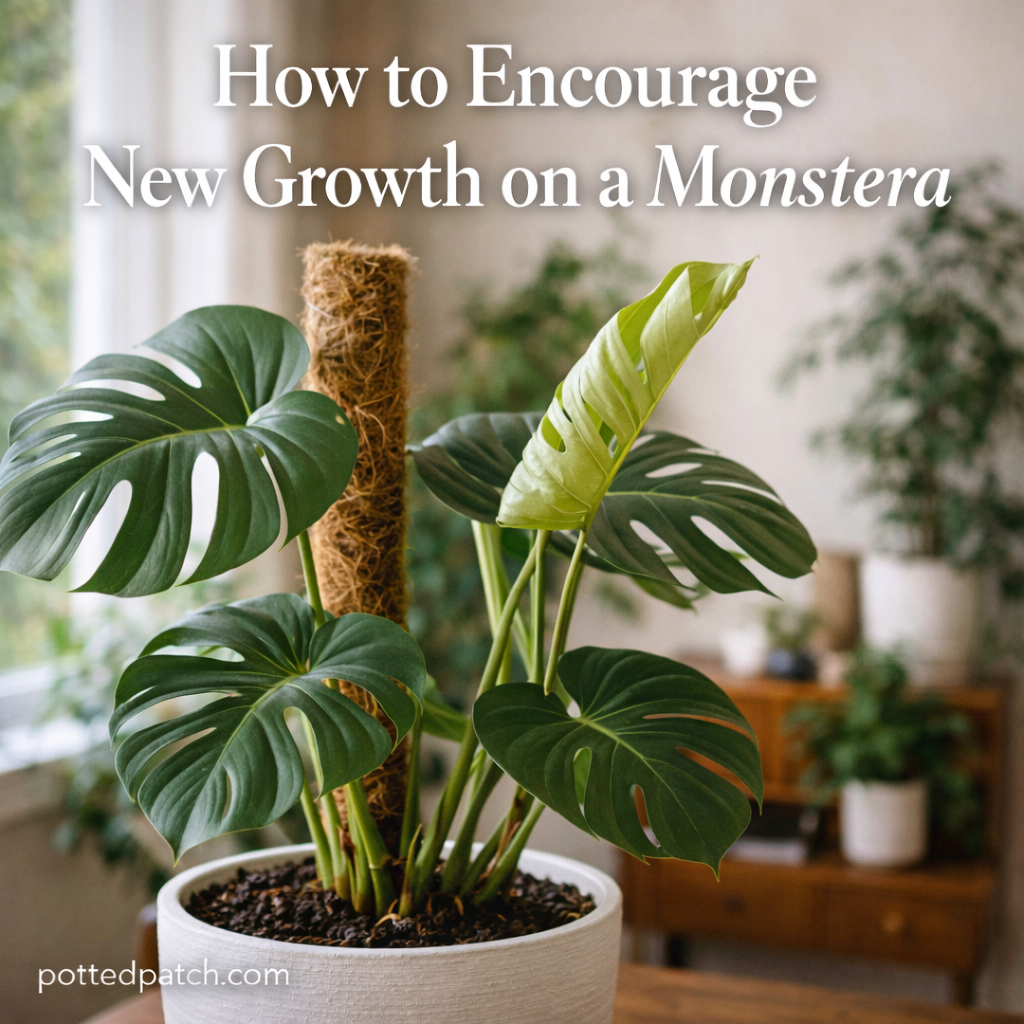 Healthy Monstera plant with a new leaf unfurling, showing active indoor growth.