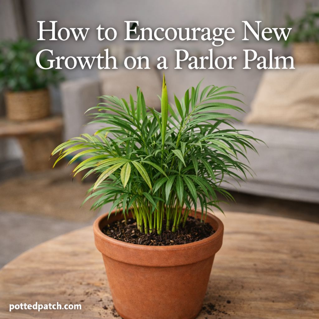 Healthy parlor palm in a terracotta pot with fresh green fronds and new growth emerging indoors.