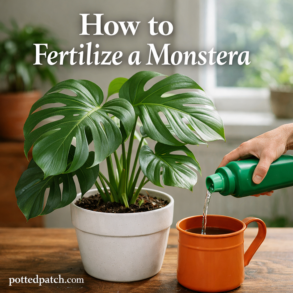 Monstera plant in a white pot being fertilized indoors with liquid plant food.