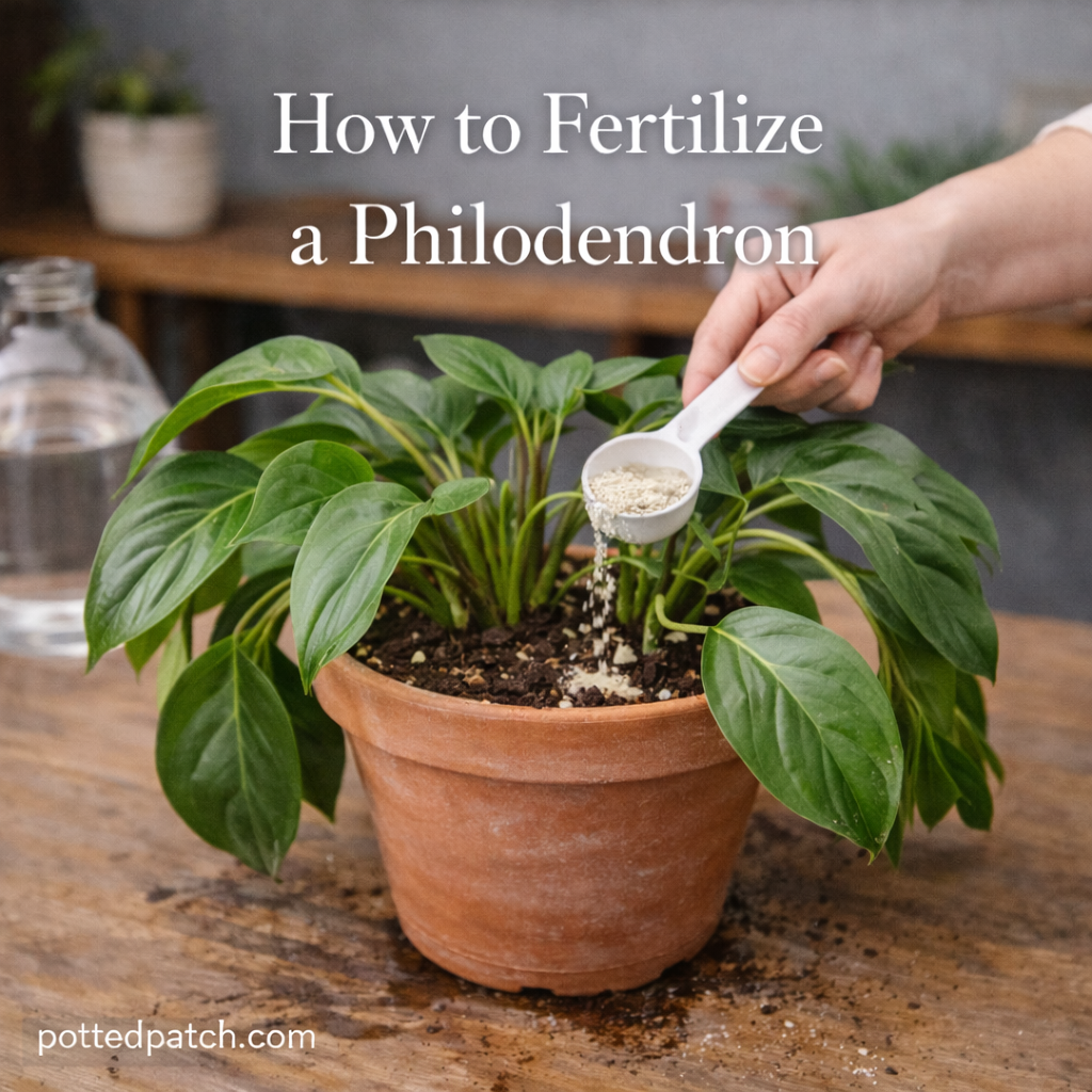 Applying fertilizer to a philodendron in a terracotta pot indoors.