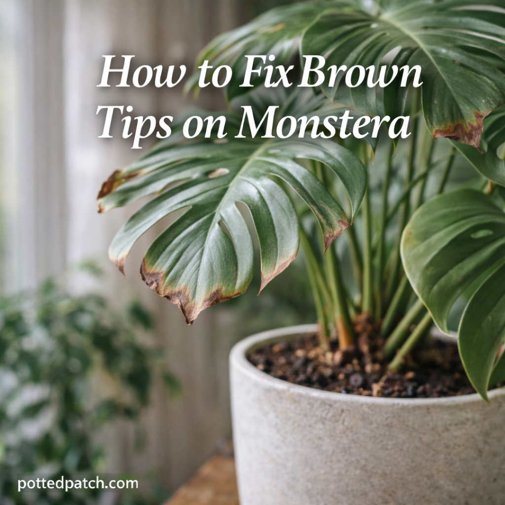 Monstera plant with brown, crispy leaf tips showing common indoor plant stress signs.