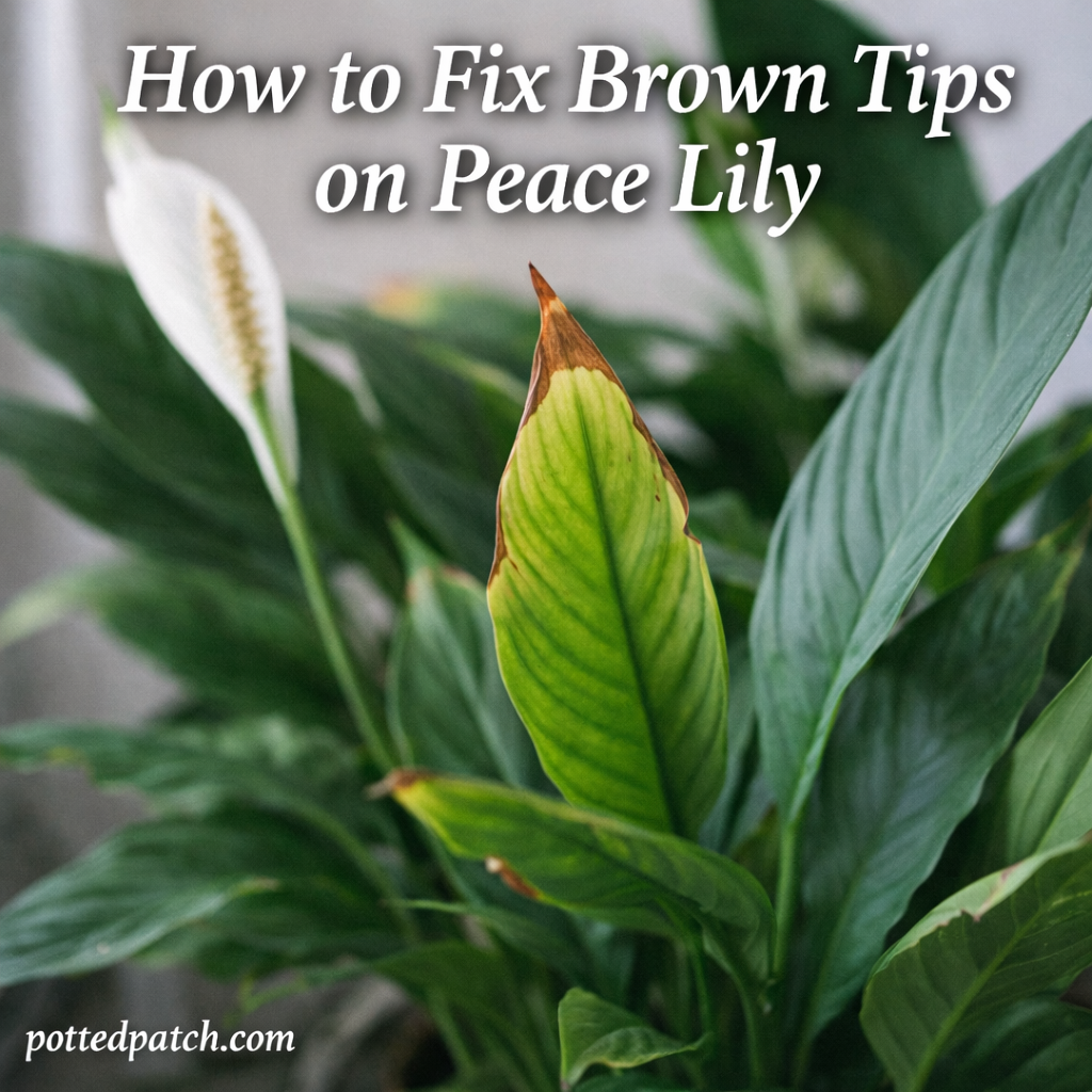 Close-up of peace lily leaf with brown crispy tips indoors showing common plant stress damage.