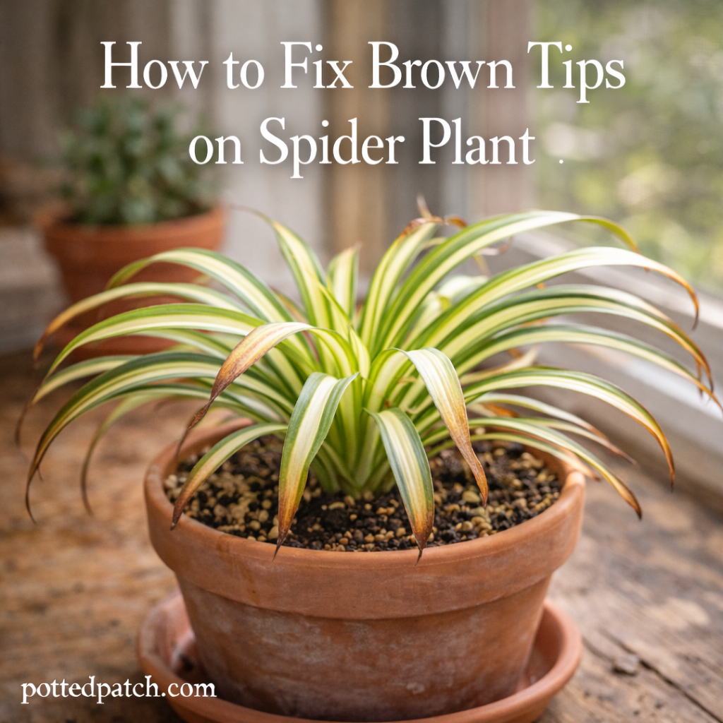 Spider plant in a terracotta pot with visible brown, crispy leaf tips indoors near a bright window.