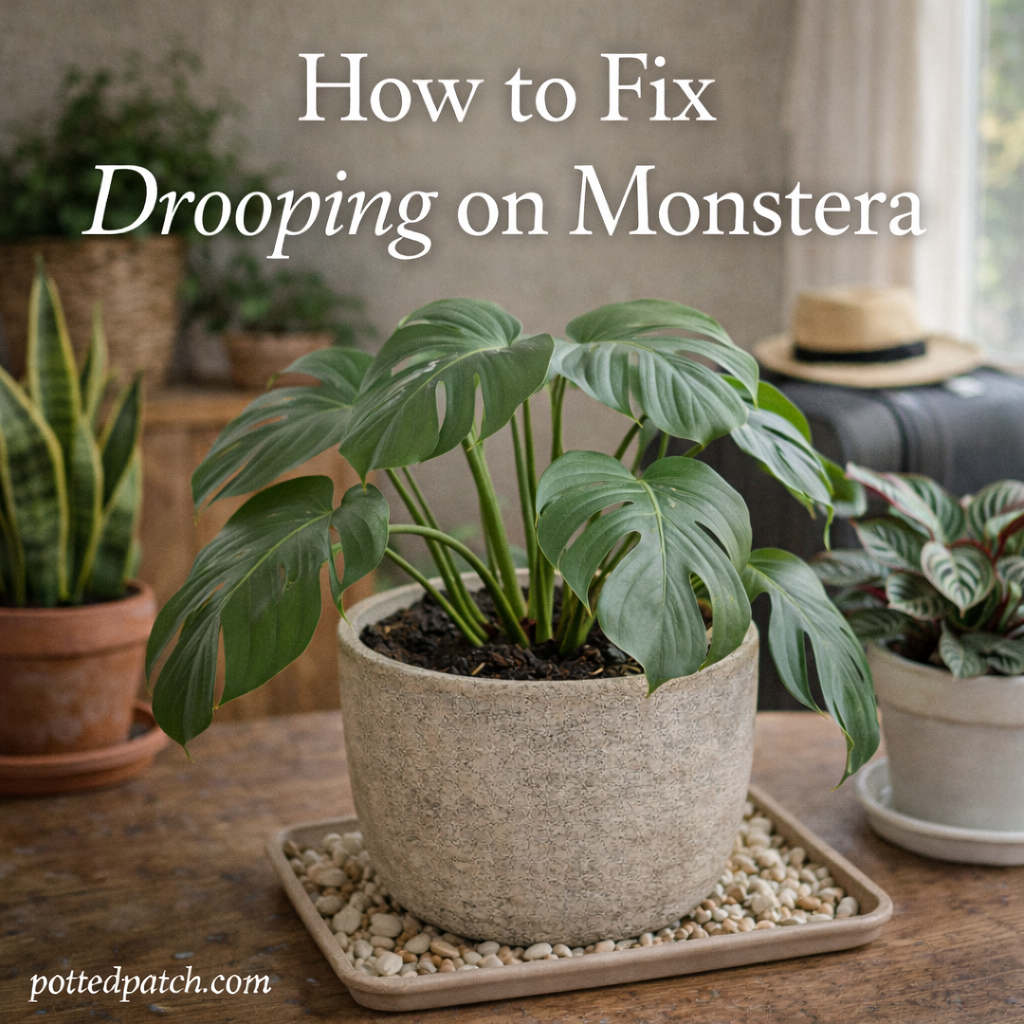 Drooping Monstera plant indoors showing limp leaves that need adjustment in watering, light, or support.