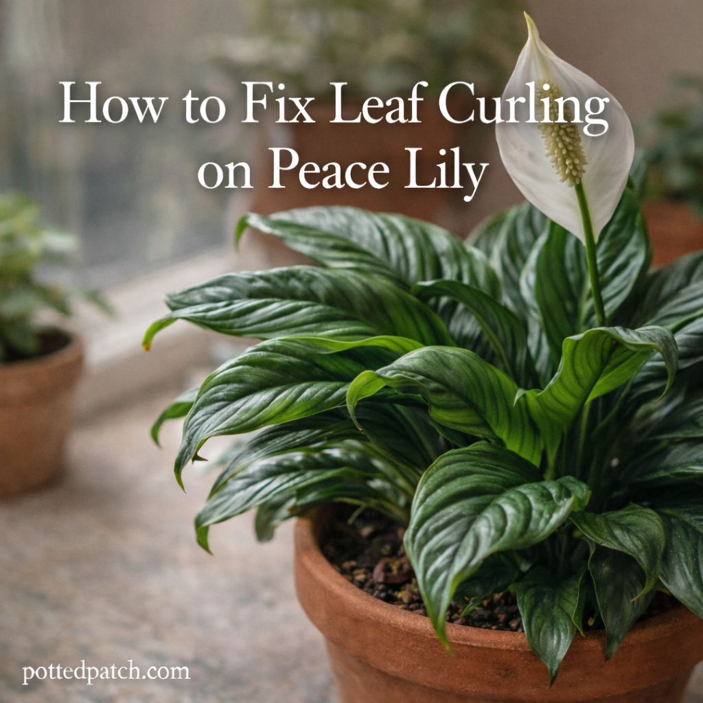 Peace Lily with curled green leaves in a terracotta pot near a bright window featuring the title “How to Fix Leaf Curling on Peace Lily” in white serif font and pottedpatch.com watermark in the bottom left.