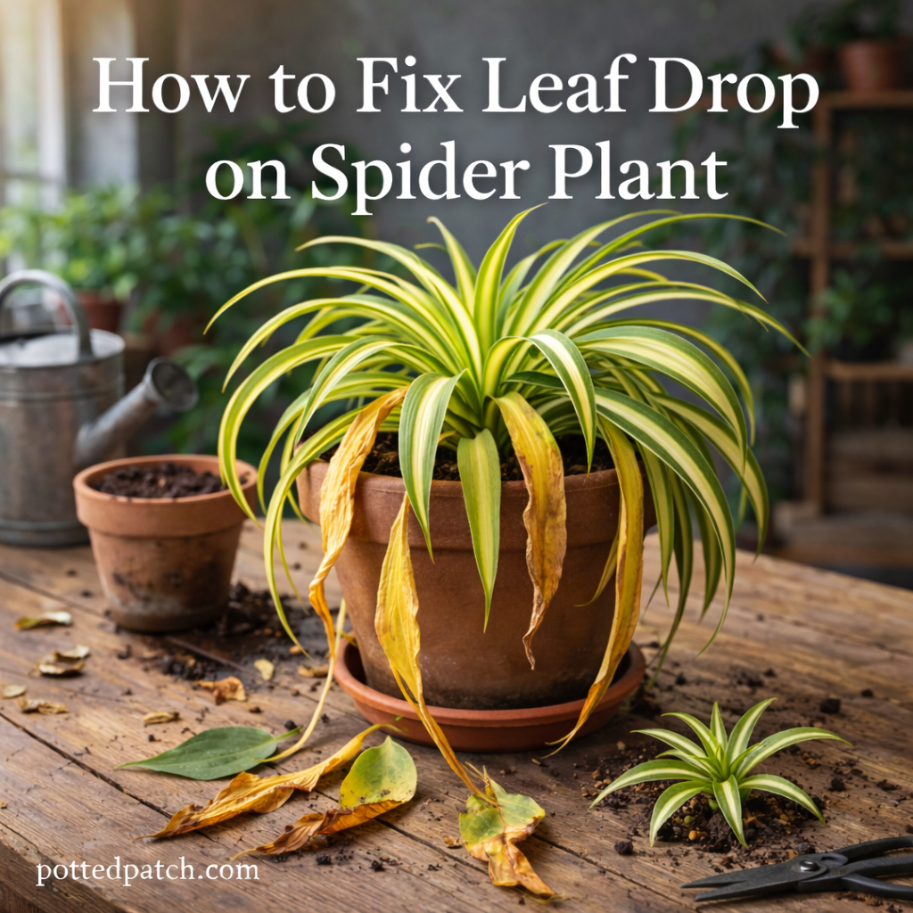Spider plant with yellowing and fallen leaves on a wooden table showing signs of leaf drop stress.