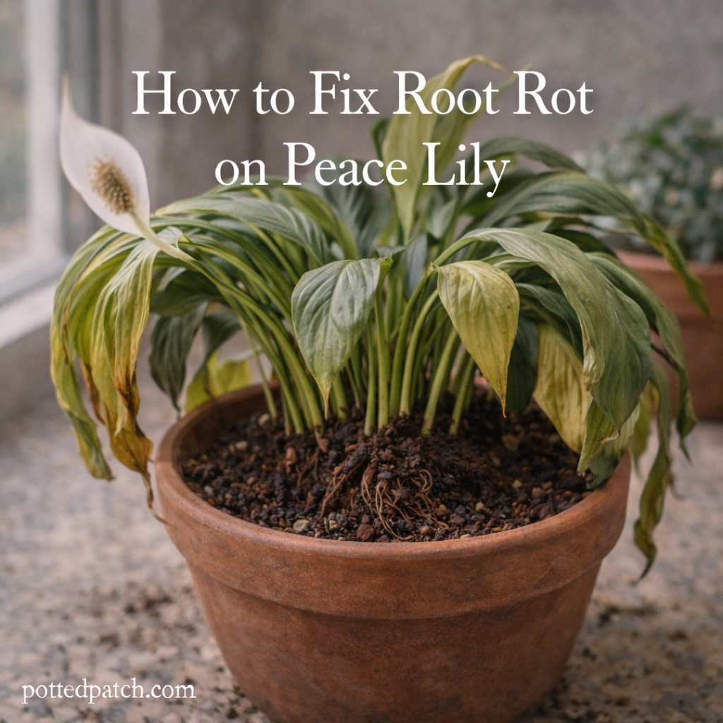 Peace Lily with drooping yellow leaves in a terracotta pot featuring the title “How to Fix Root Rot on Peace Lily” in white serif font and pottedpatch.com watermark in the bottom left.
