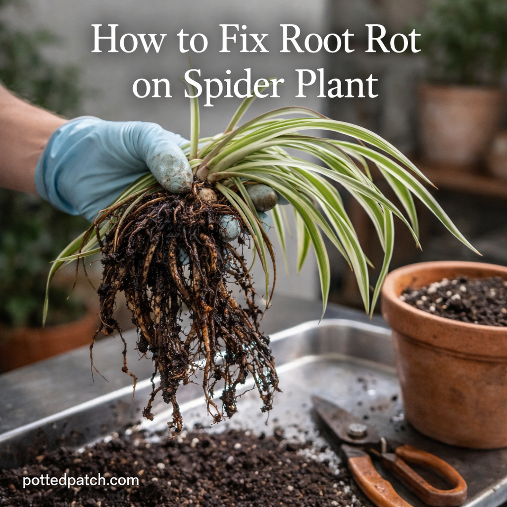 Spider plant with rotting roots being trimmed and repotted with the title How to Fix Root Rot on Spider Plant.