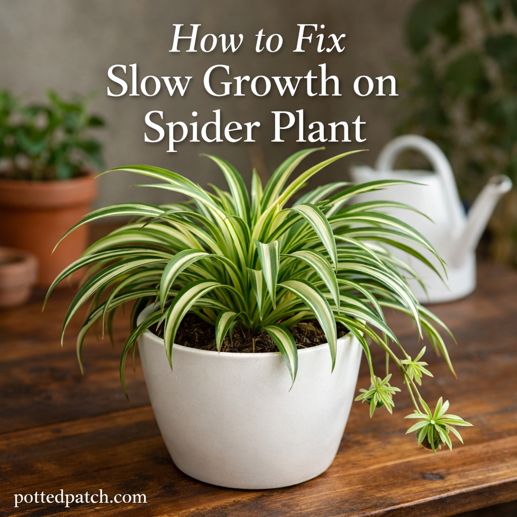 Healthy spider plant in white pot showing new growth with the title How to Fix Slow Growth on Spider Plant and pottedpatch.com watermark.