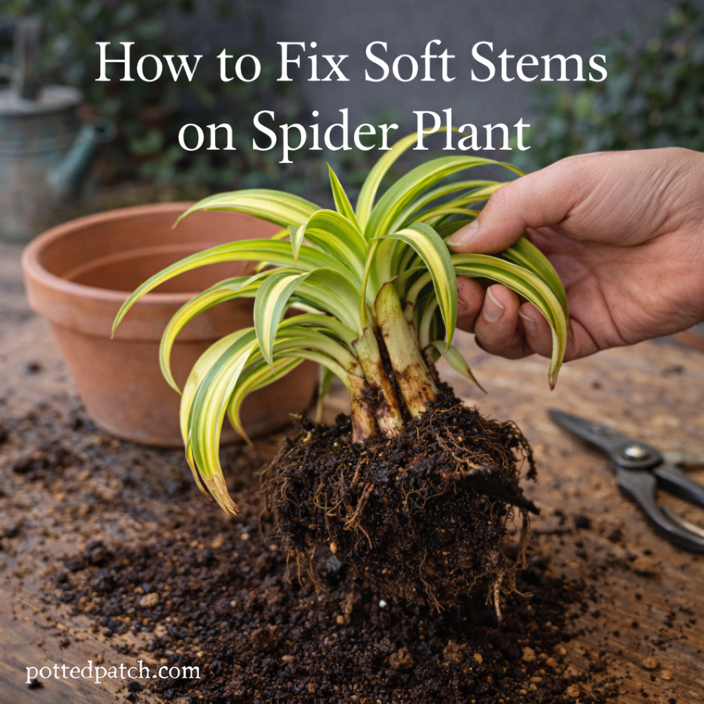 Spider plant removed from pot showing soft stems and root rot before repotting.