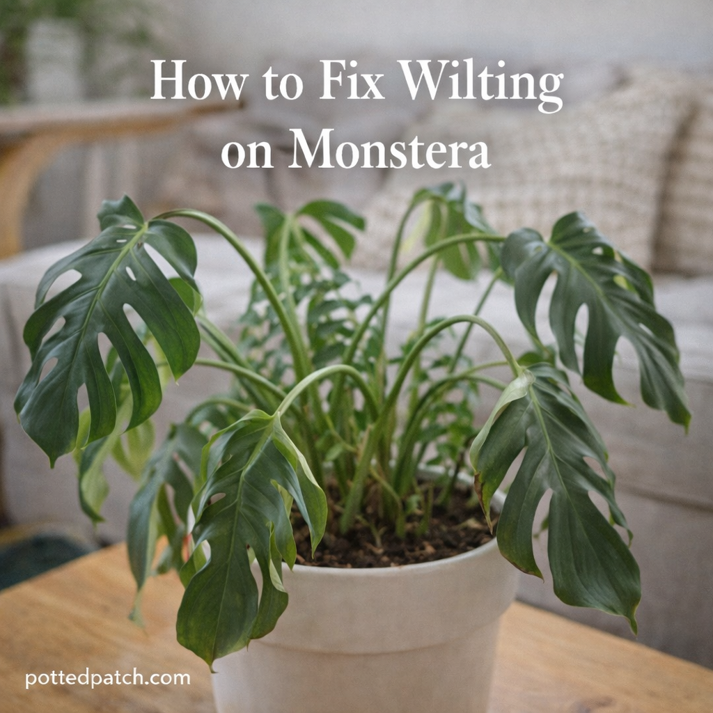 A wilting Monstera plant with drooping leaves in a white pot indoors.