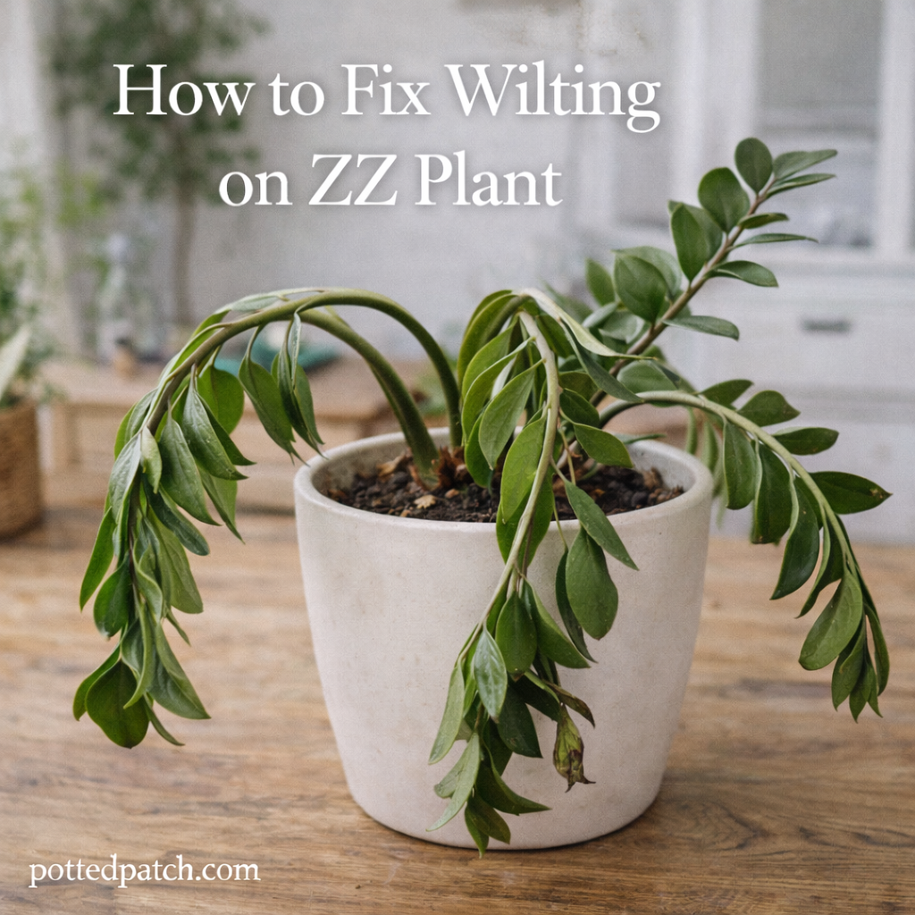 Wilting ZZ plant with drooping stems in a white pot indoors.