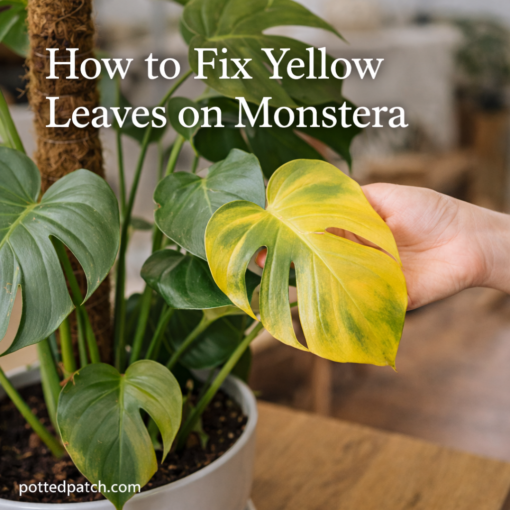 Yellowing Monstera leaf held by hand next to healthy green leaves showing a common indoor plant problem.