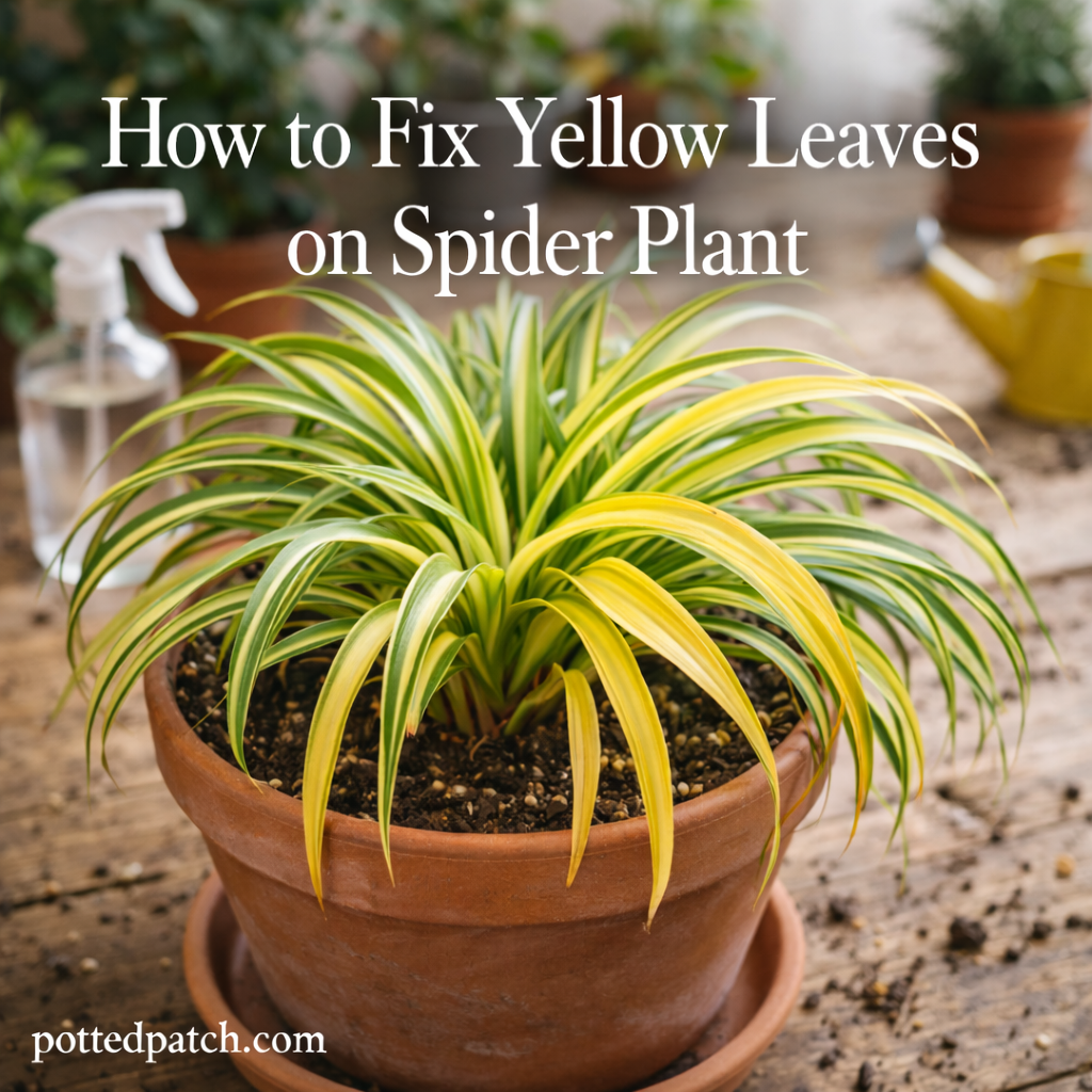 Spider plant in a terracotta pot with several yellow leaves indoors, showing signs of common care issues.