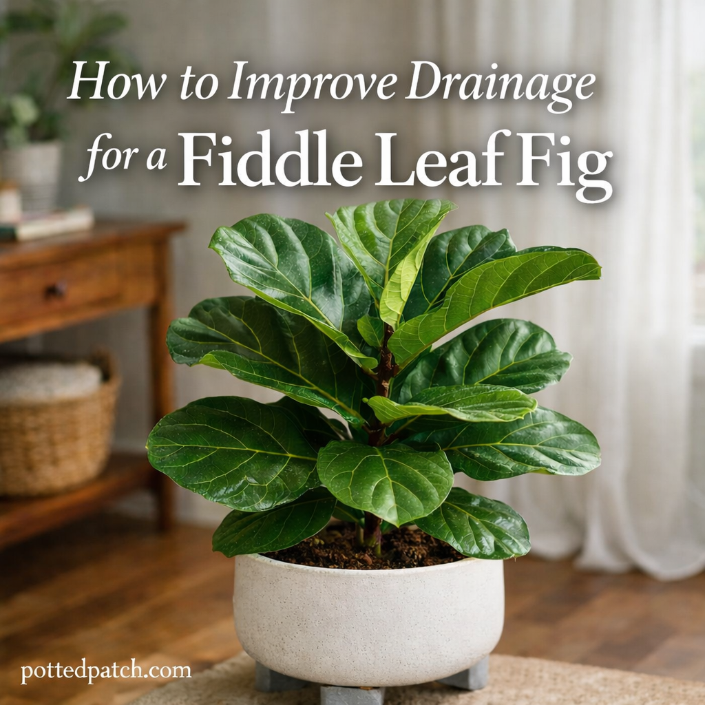 Fiddle leaf fig in a white pot with overlay title How to Improve Drainage for a Fiddle Leaf Fig and pottedpatch.com watermark in a bright indoor setting.
