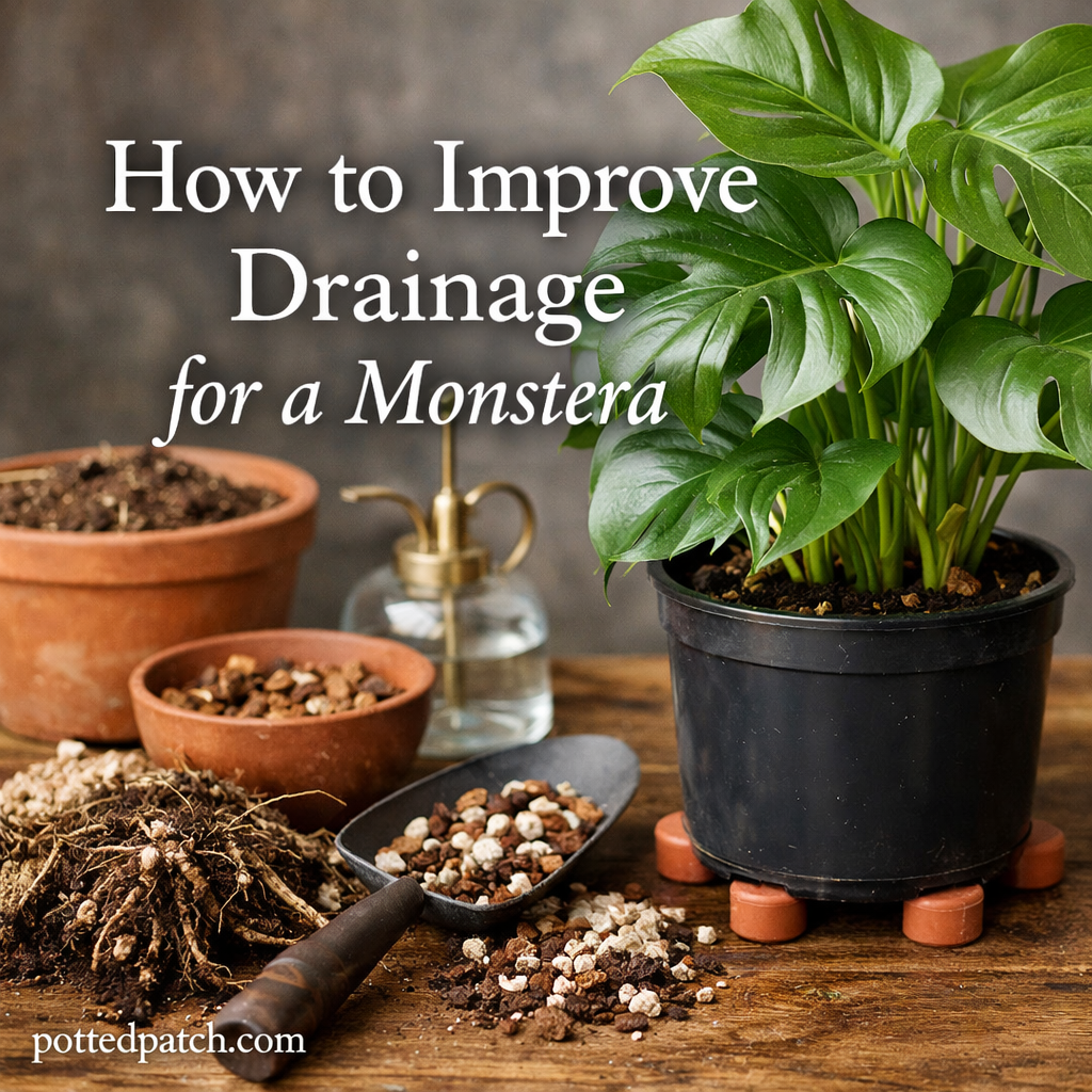 Healthy monstera plant in a well-draining potting mix demonstrating how to improve drainage for a monstera.