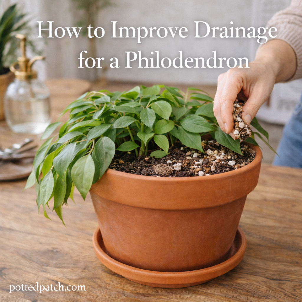 Person adding perlite to soil in a terracotta potted philodendron to improve drainage indoors.