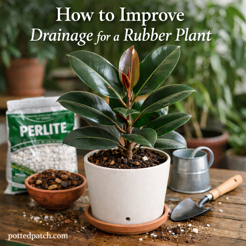 Healthy rubber plant in a white pot with a subtle drainage hole and soil amendments for improved drainage, with pottedpatch.com watermark.