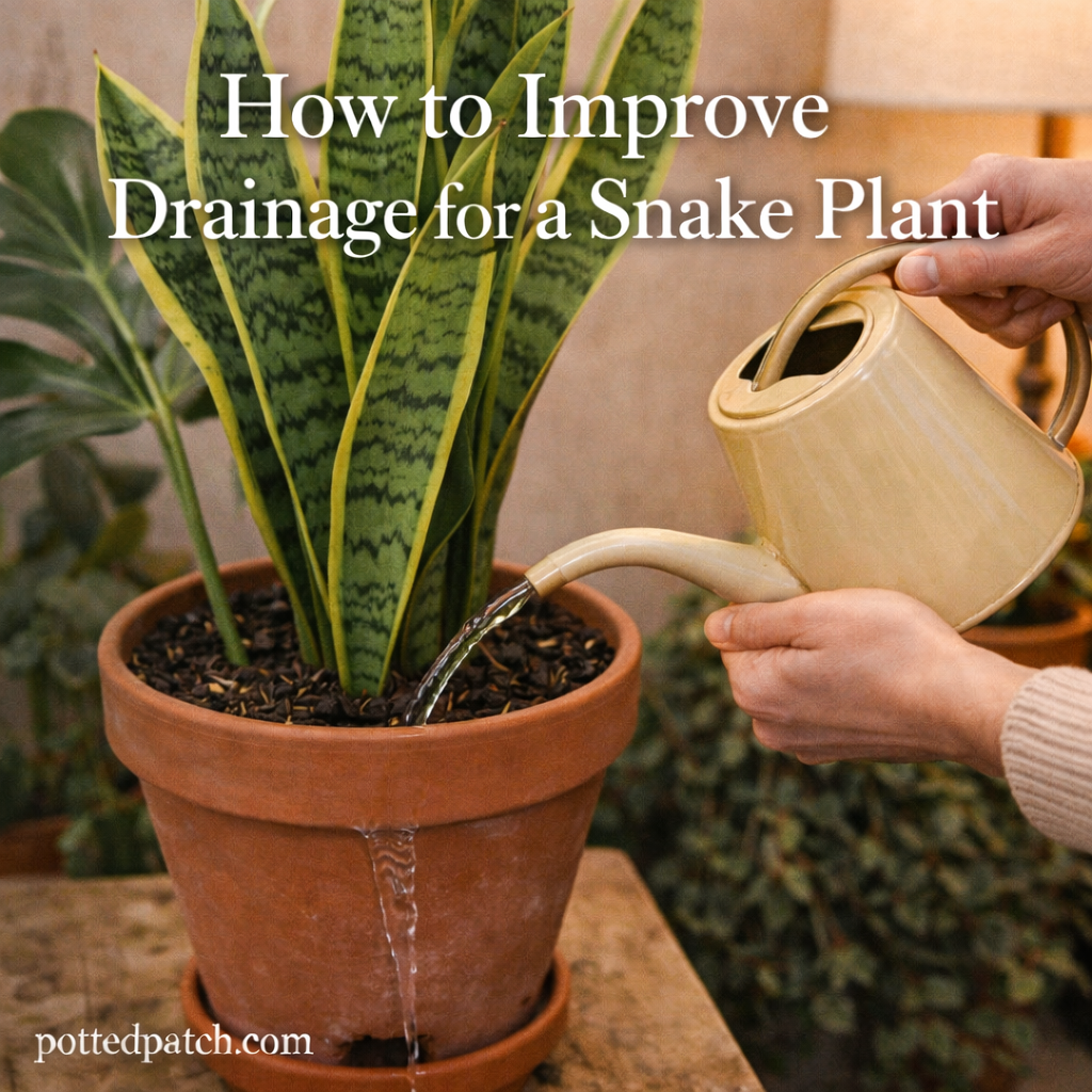 Person watering a snake plant in a terracotta pot with visible drainage to improve soil drainage and prevent root rot.