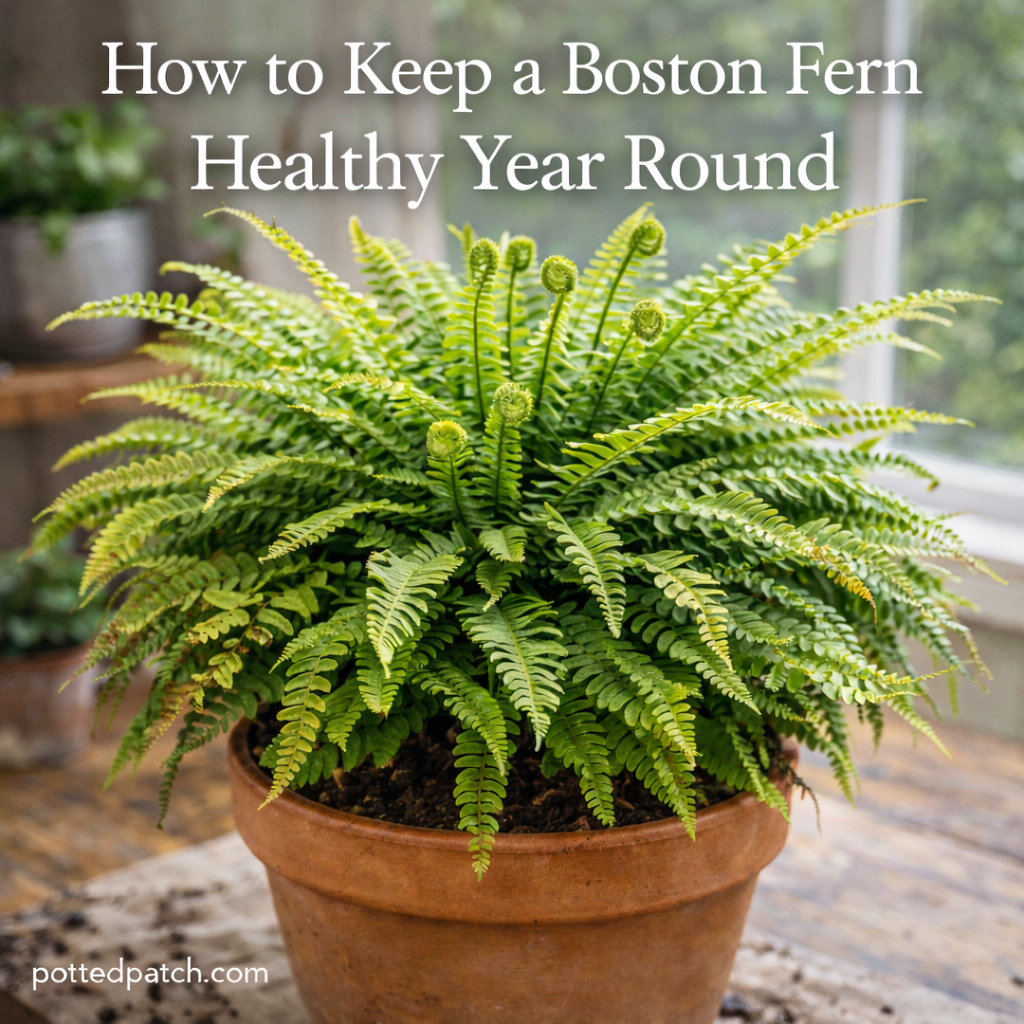 Healthy Boston fern in a terracotta pot producing fresh green fronds in bright indirect indoor light.
