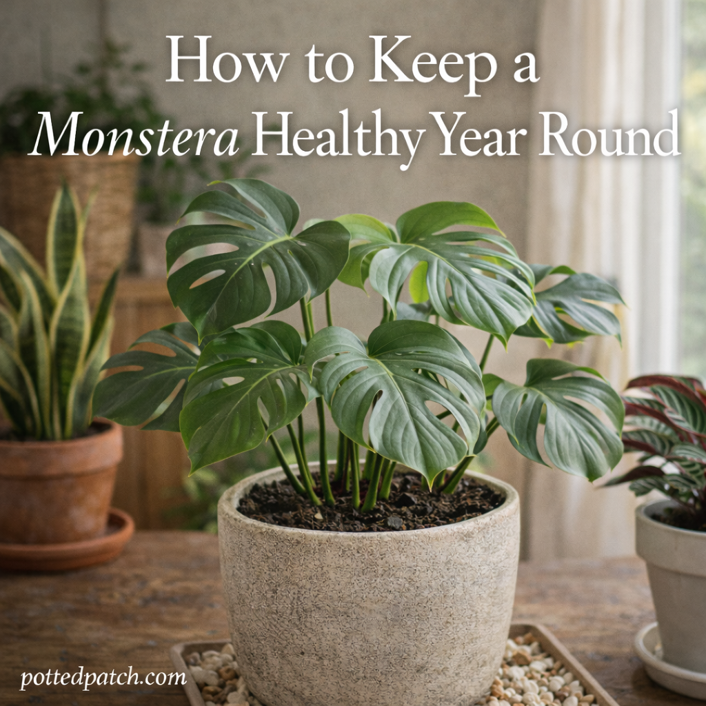 Healthy Monstera plant growing indoors with large green leaves and proper year-round care conditions.