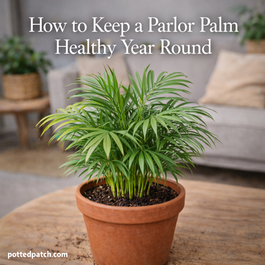 Healthy parlor palm in a terracotta pot indoors with lush green fronds under bright indirect light.