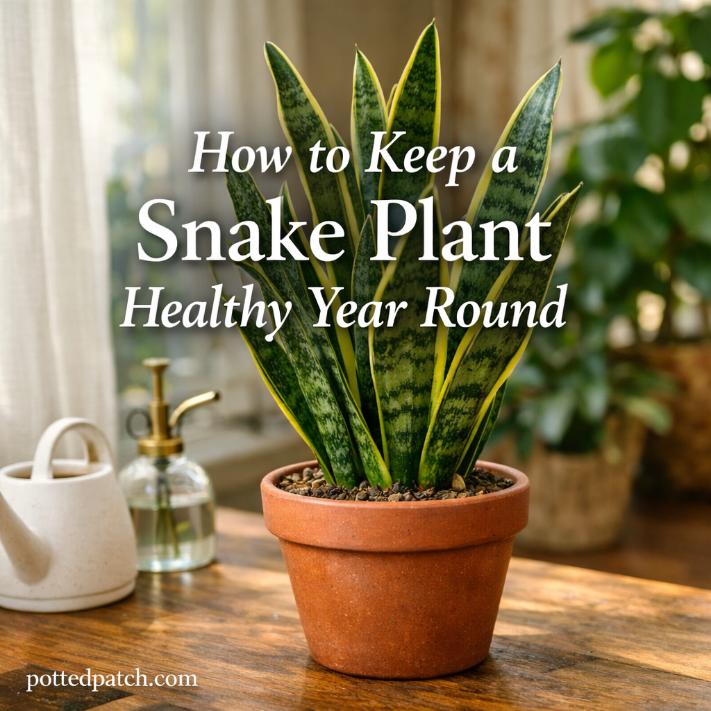 Healthy snake plant in a pot indoors showing upright green leaves with yellow edges, illustrating year-round snake plant care.