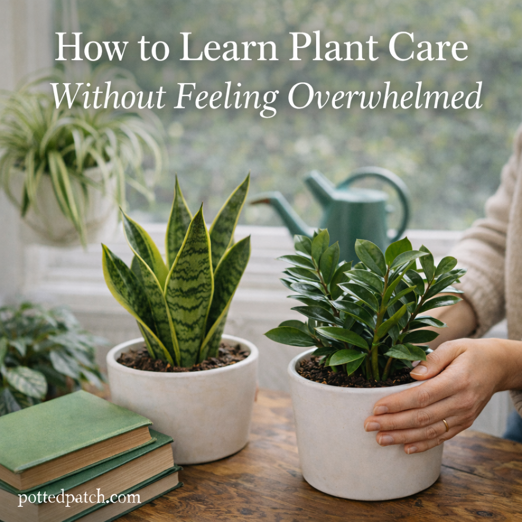 Snake plant and ZZ plant in white pots on a wooden table with books and watering can, overlay title How to Learn Plant Care Without Feeling Overwhelmed and pottedpatch.com watermark.