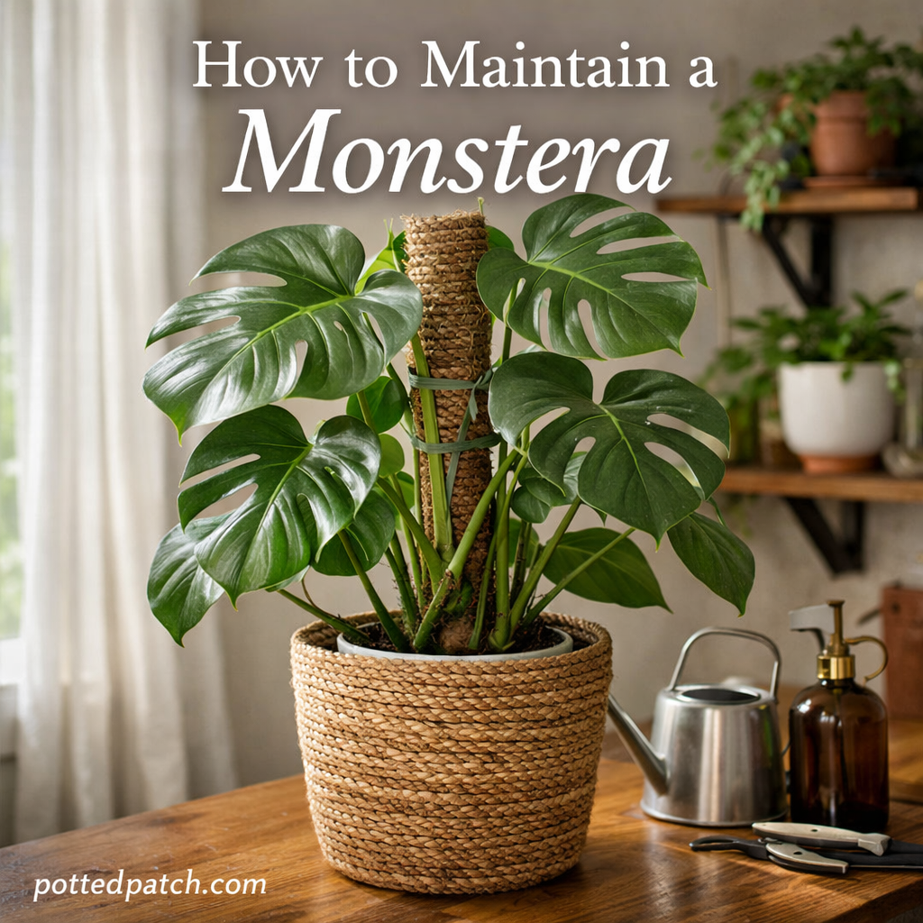Healthy monstera plant growing indoors in a decorative pot with proper support and bright indirect light.