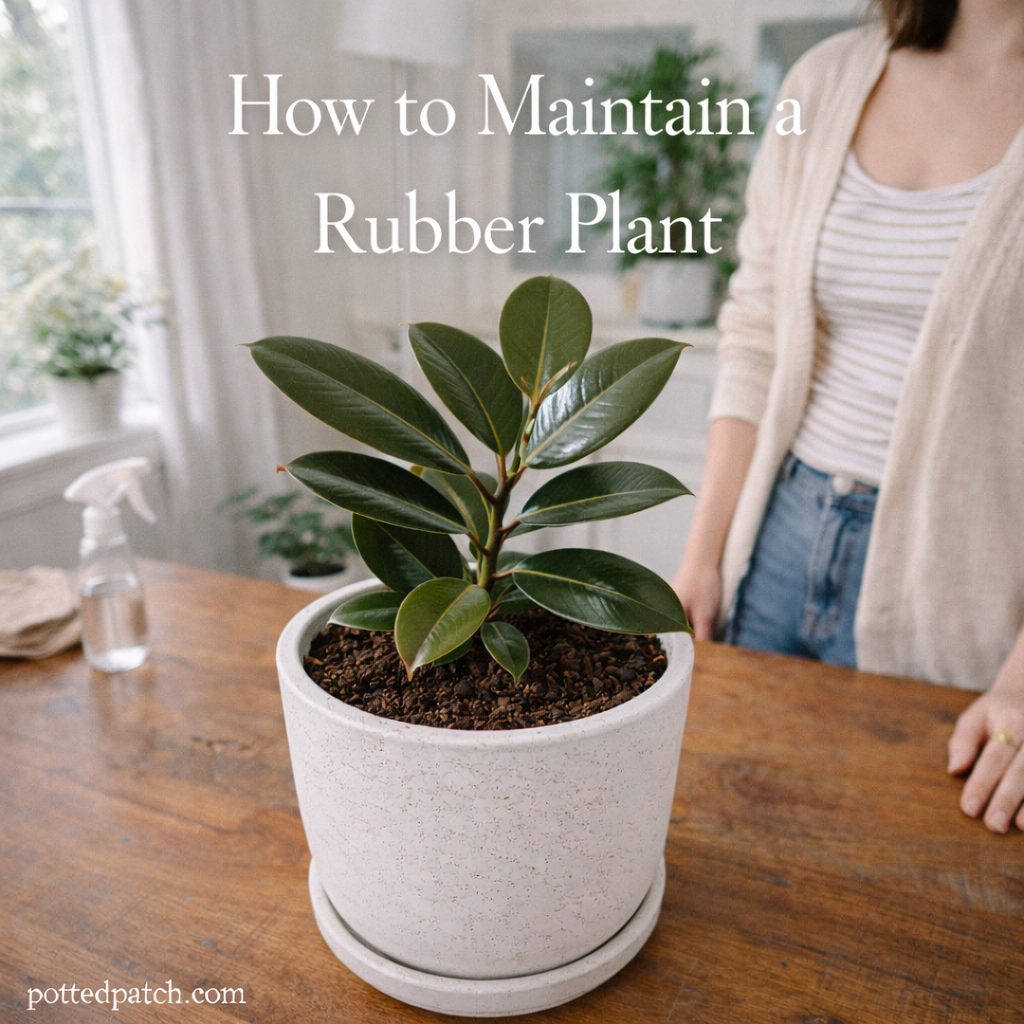 Healthy rubber plant in a white pot indoors with overlay title How to Maintain a Rubber Plant and pottedpatch.com watermark.
