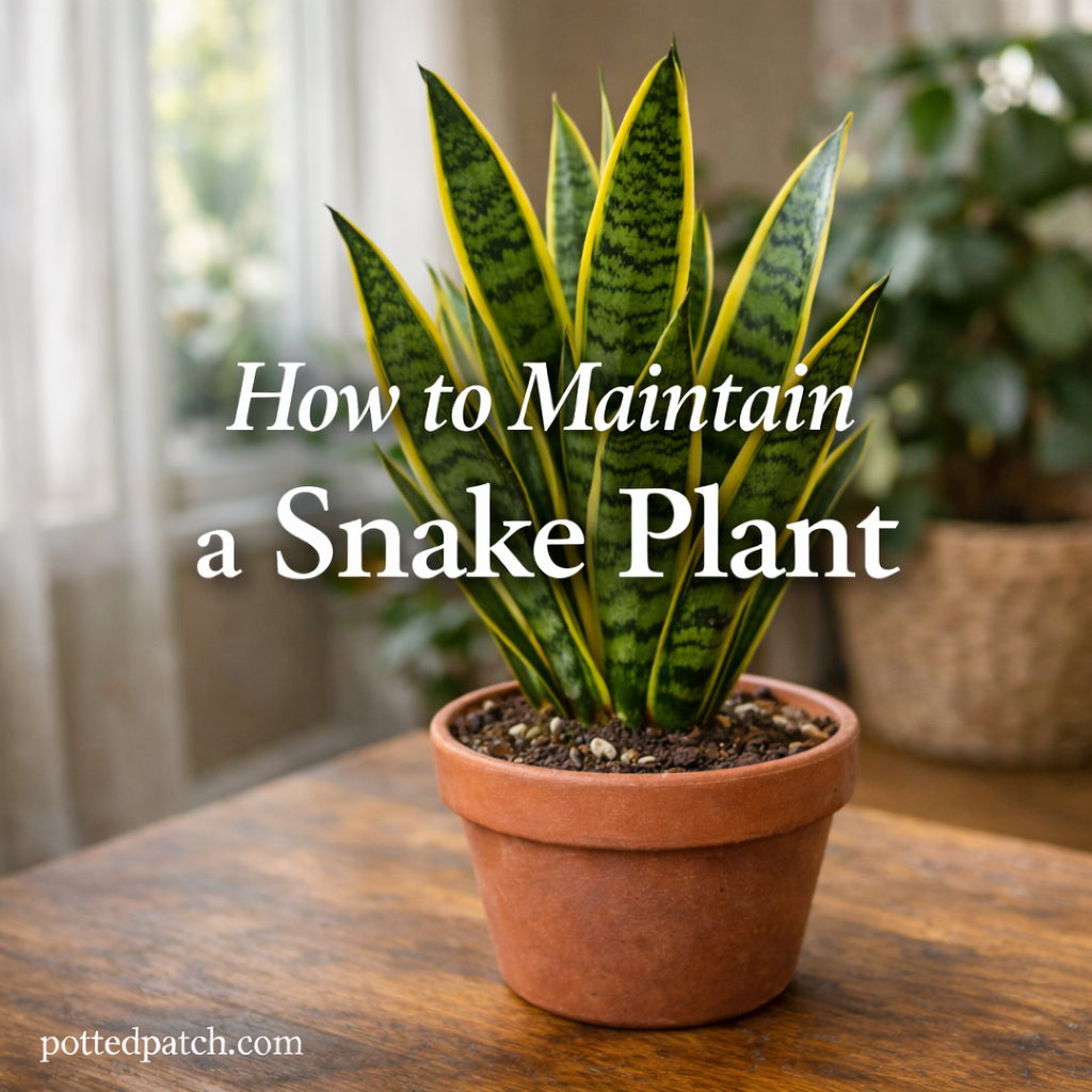 Healthy snake plant in a terracotta pot indoors, showing proper container and pot care for long-term maintenance.