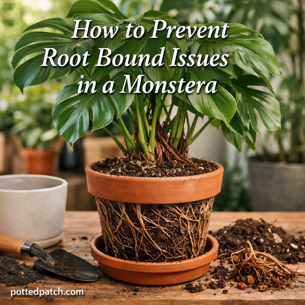 Monstera plant showing root bound growth in a pot with visible roots and healthy green leaves.