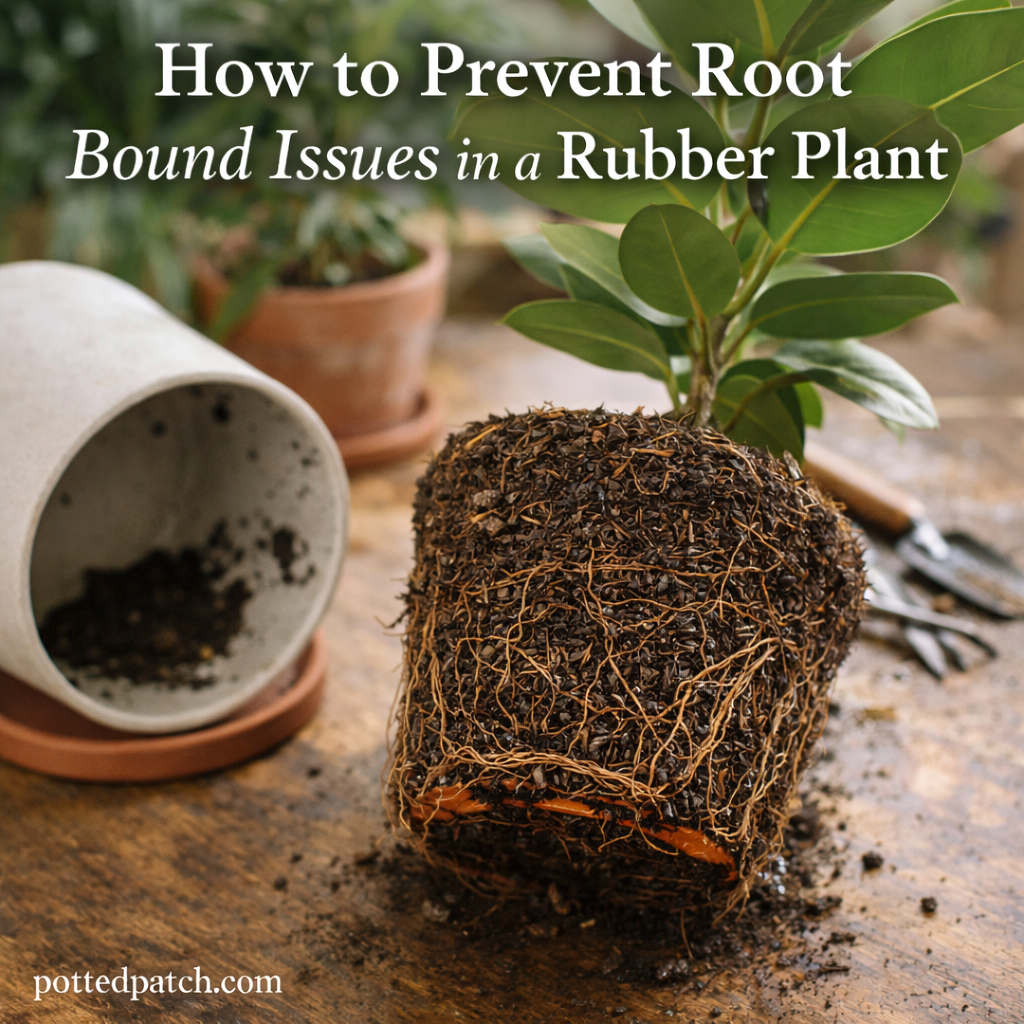 Rubber plant removed from its pot showing tightly bound roots to illustrate root bound issues, with pottedpatch.com watermark.