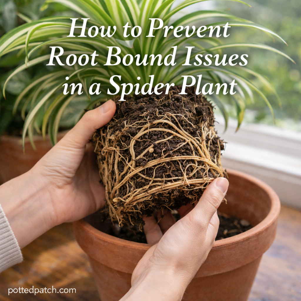 Spider plant being lifted from a pot showing tightly circling roots indicating root bound condition.
