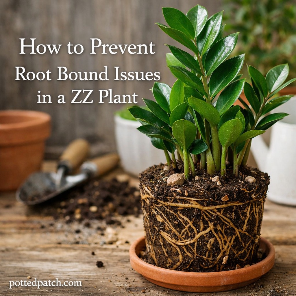 ZZ plant showing root-bound roots in a pot, illustrating how to prevent root bound issues in a ZZ plant.