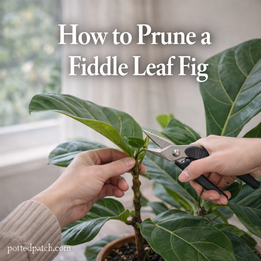 Person pruning a fiddle leaf fig stem with clean shears and overlay title How to Prune a Fiddle Leaf Fig with pottedpatch.com watermark.