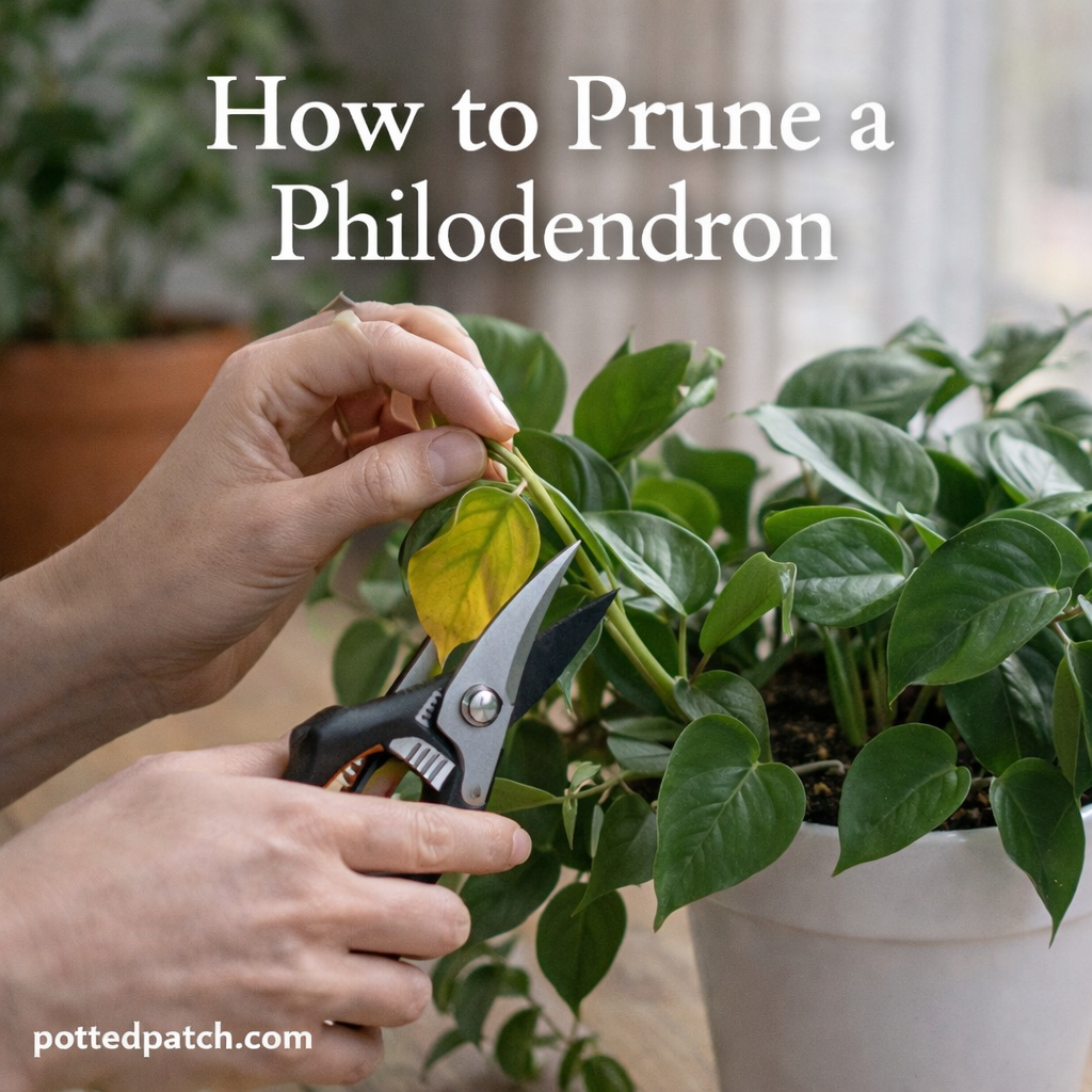 Hands pruning a philodendron plant with garden shears and overlay title How to Prune a Philodendron with pottedpatch.com watermark.