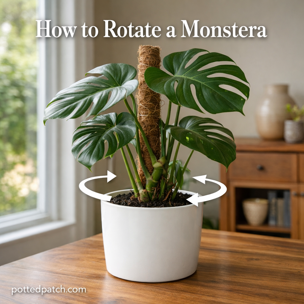 Monstera houseplant in a pot being rotated toward light to encourage even growth.