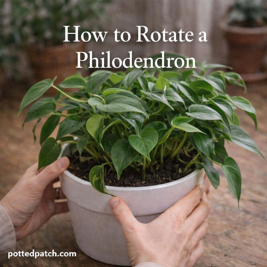 Person rotating a philodendron plant in a white pot with overlay title How to Rotate a Philodendron and pottedpatch.com watermark.