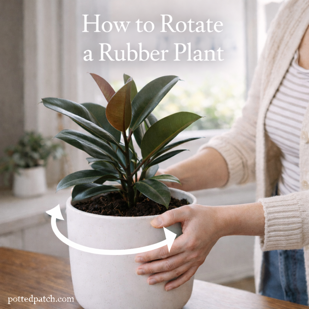 Person rotating a rubber plant in a white pot indoors with white directional arrows, overlay title How to Rotate a Rubber Plant, and pottedpatch.com watermark.
