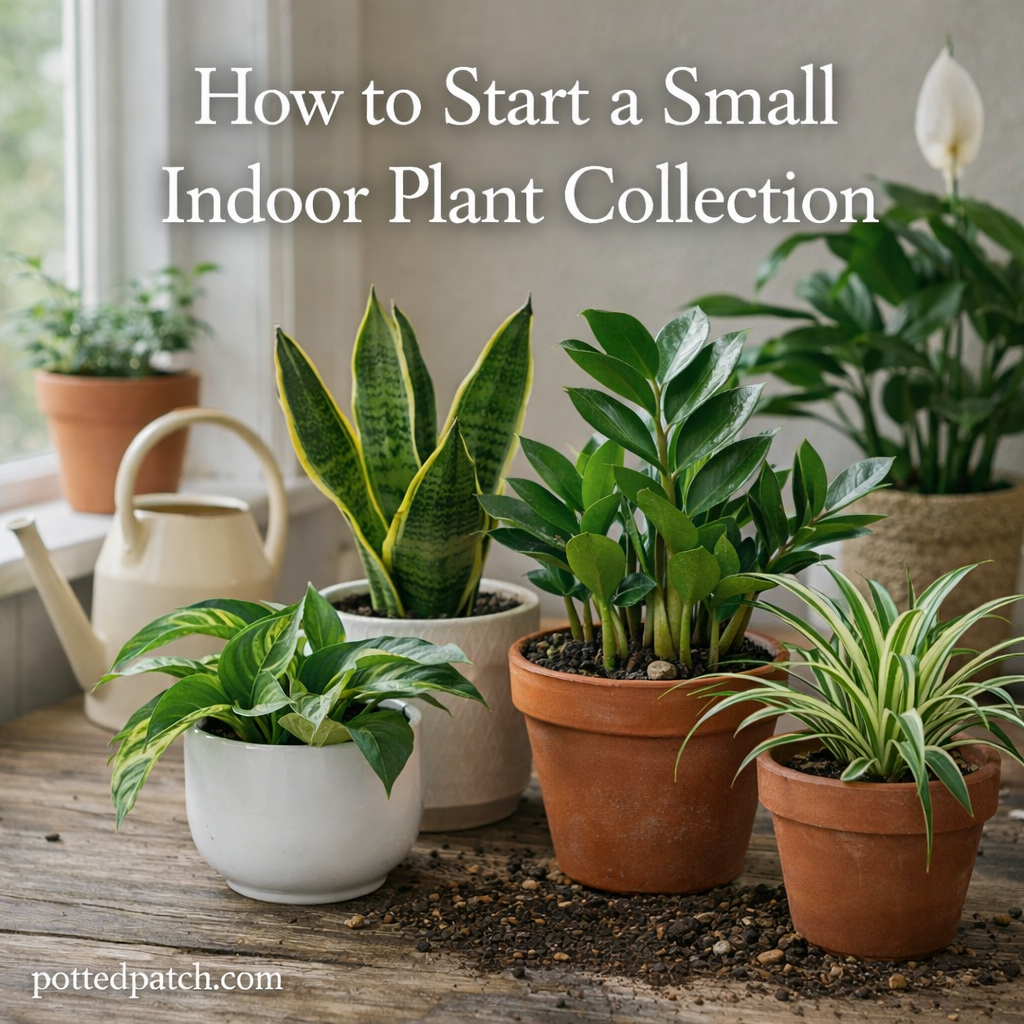 Small indoor plant collection featuring snake plant, ZZ plant, pothos, and spider plant in simple pots near a window.