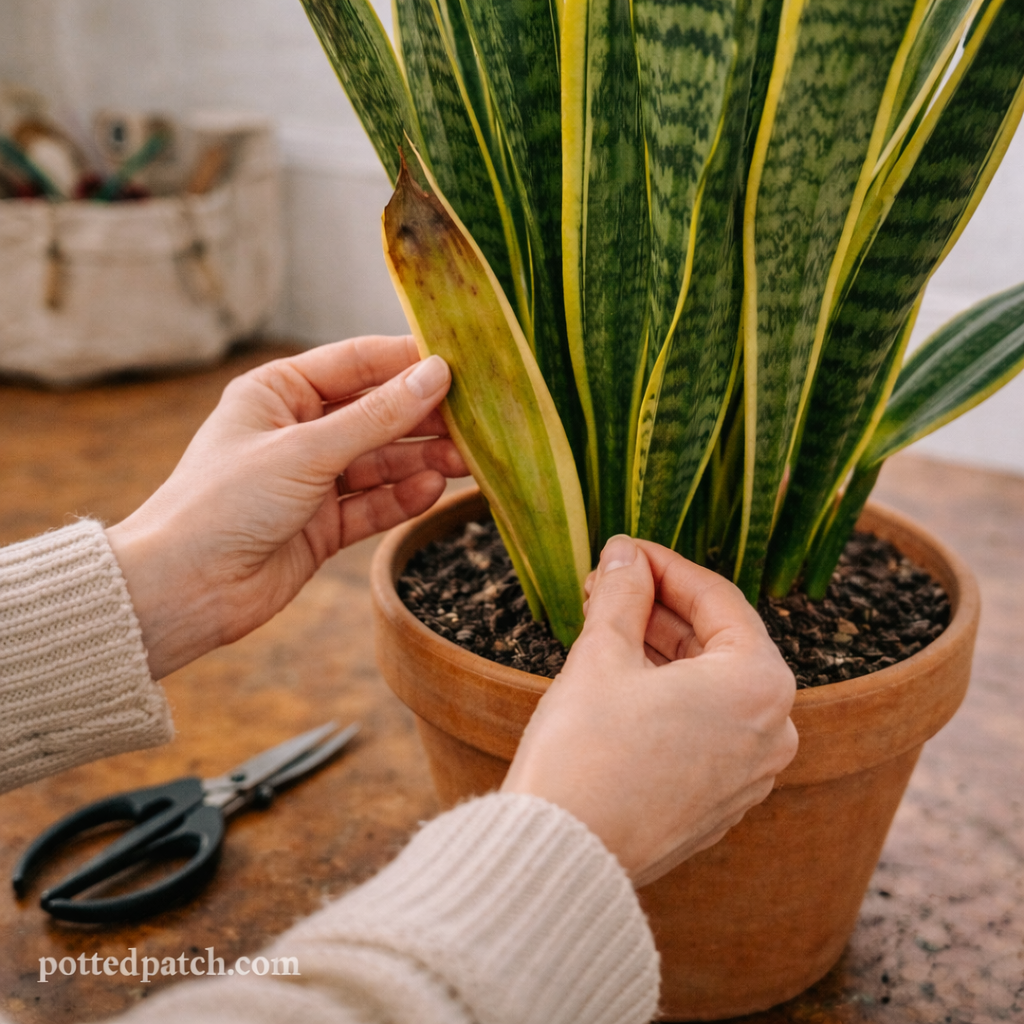 Person examining a damaged leaf on a snake plant before pruning.