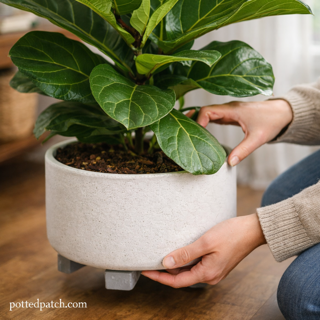 Person adjusting a fiddle leaf fig in a raised white pot to improve drainage with pottedpatch.com watermark.