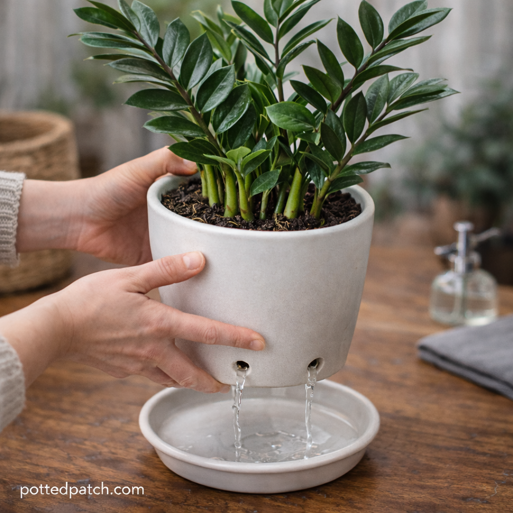 Person lifting a ZZ plant pot to allow excess water to drain from the drainage holes.