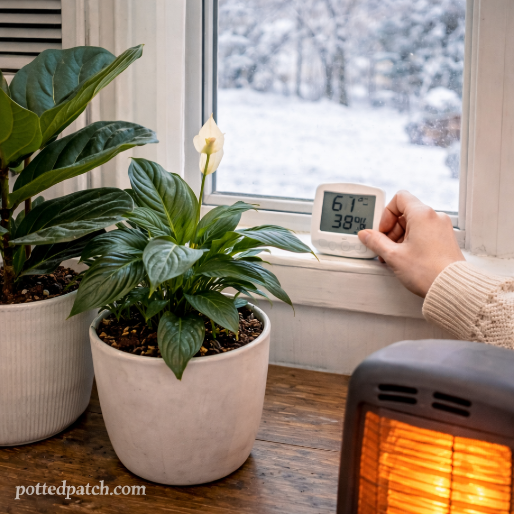 Person checking indoor temperature near a peace lily by a cold window during winter.