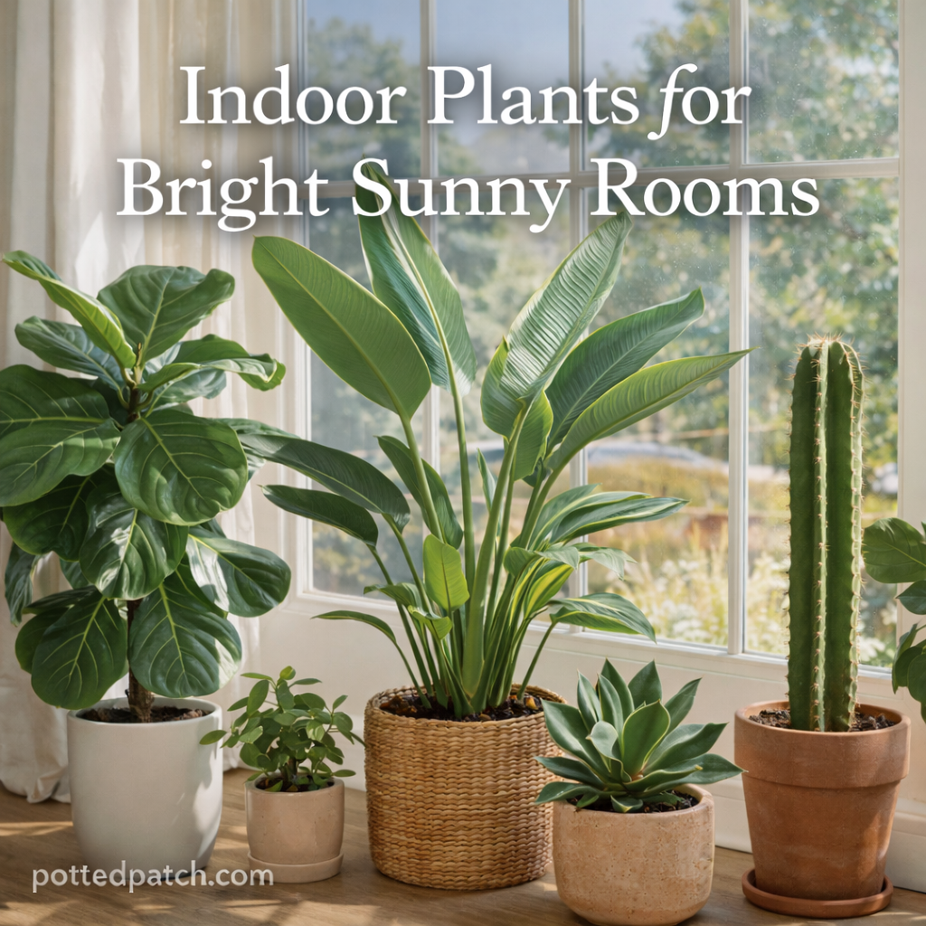 Sun-loving indoor plants arranged near a bright window in a sunny room with natural light.