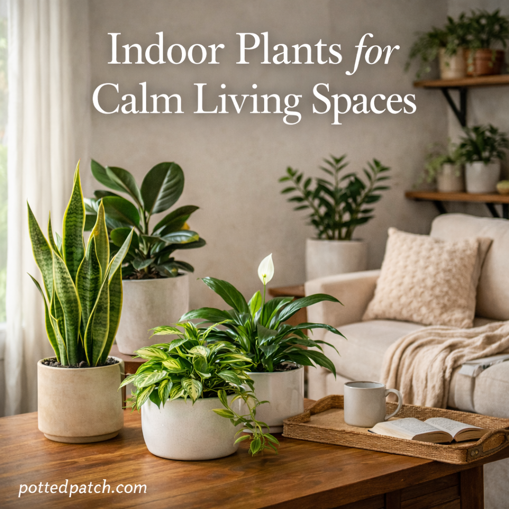 Indoor plants arranged in a calm living room setting with soft lighting and neutral decor for a peaceful atmosphere.