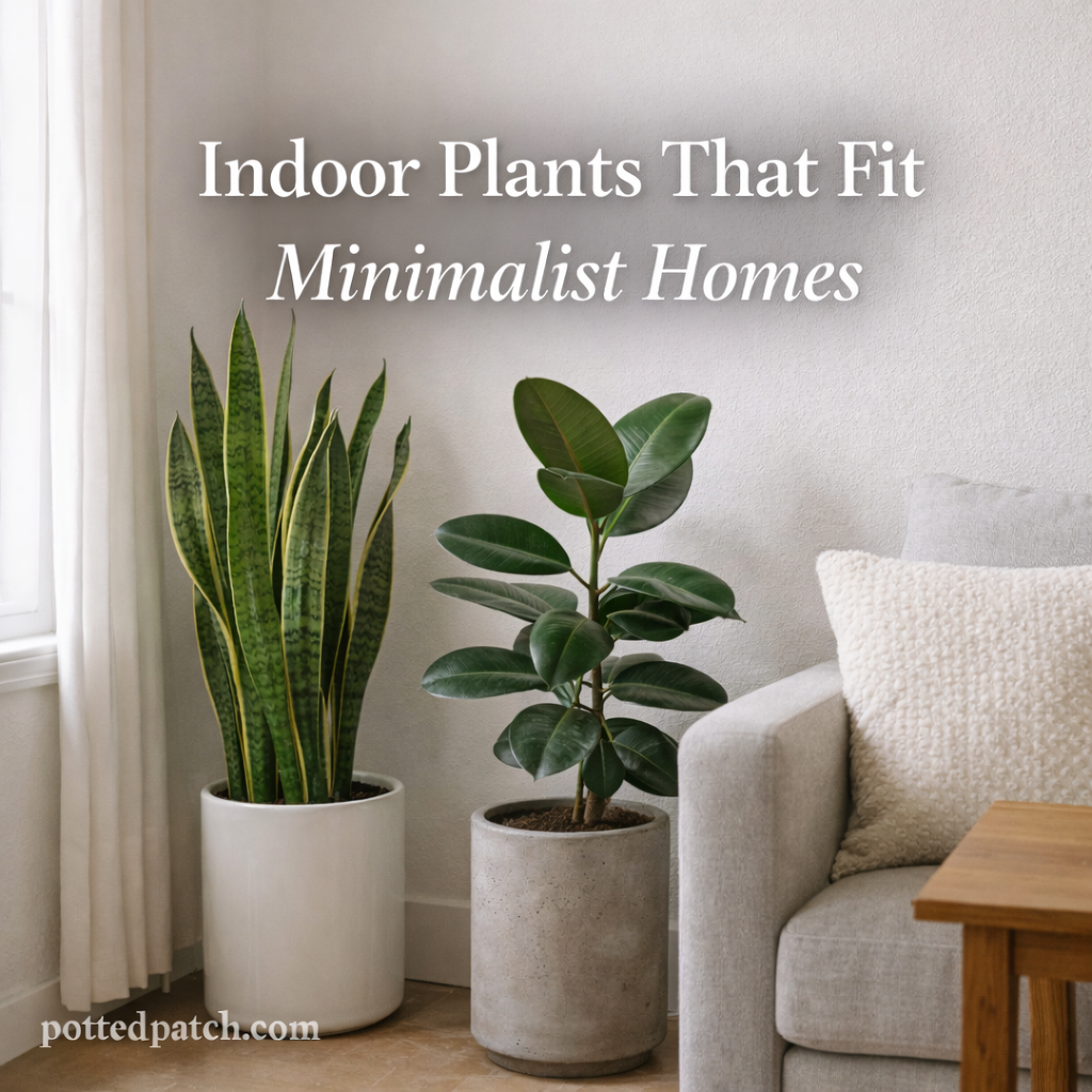 Minimalist living room with simple indoor plants that fit a clean, modern home aesthetic.