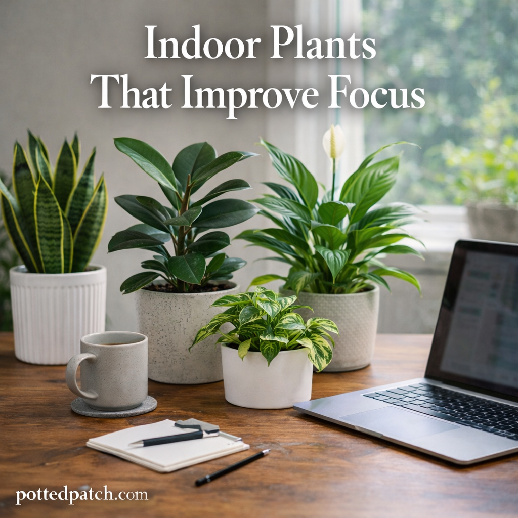 Indoor plants arranged on a home office desk to create a calm and focused workspace.