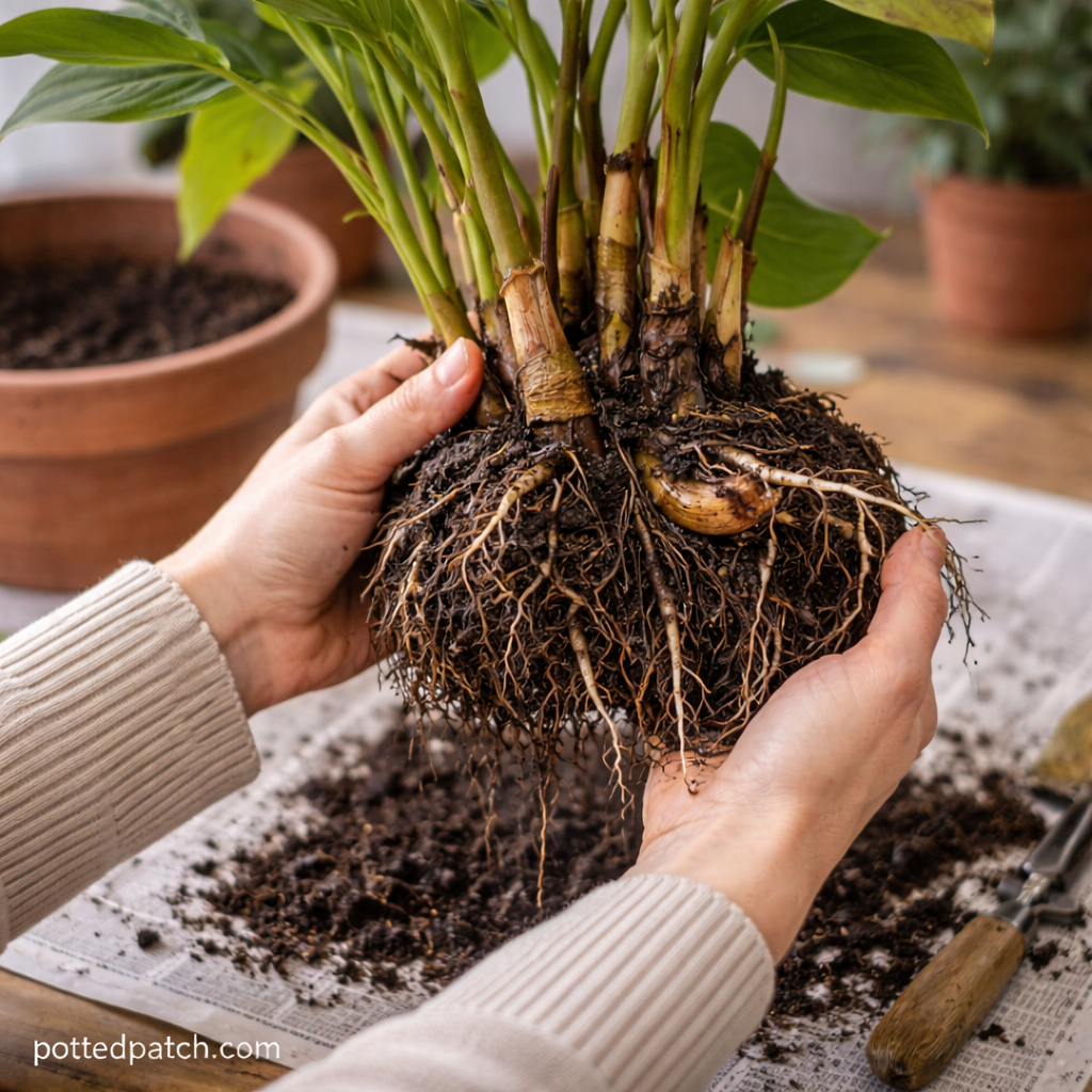 Person holding a ZZ plant with exposed roots and rhizomes while inspecting and trimming damaged sections to treat root rot, with pottedpatch.com watermark.